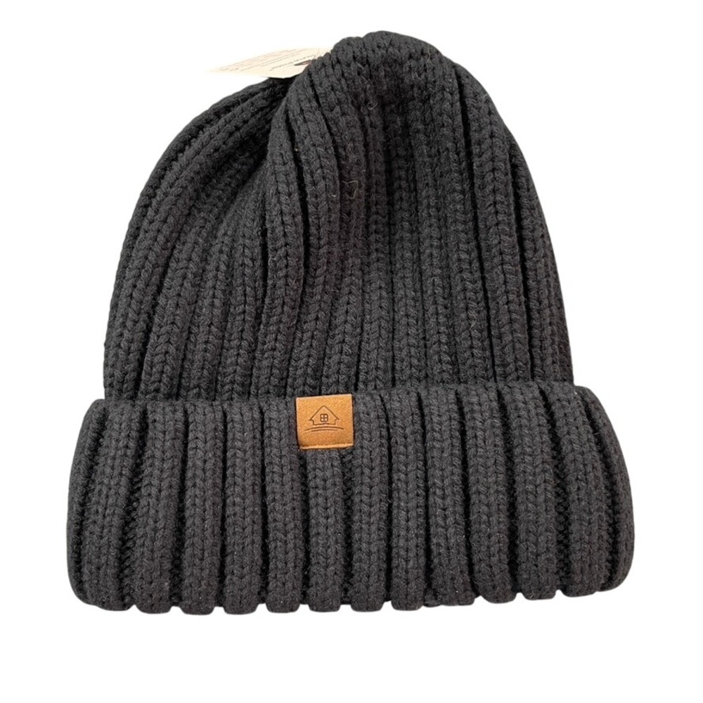 Home Prefer Black Ribbed Knit Cuffed Beanie Hat with Logo Patch NWT